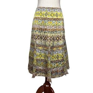 AKS by Amy K Su Silk Midi Skirt Boho Geometric Print Flowy Indie Artsy Retro
